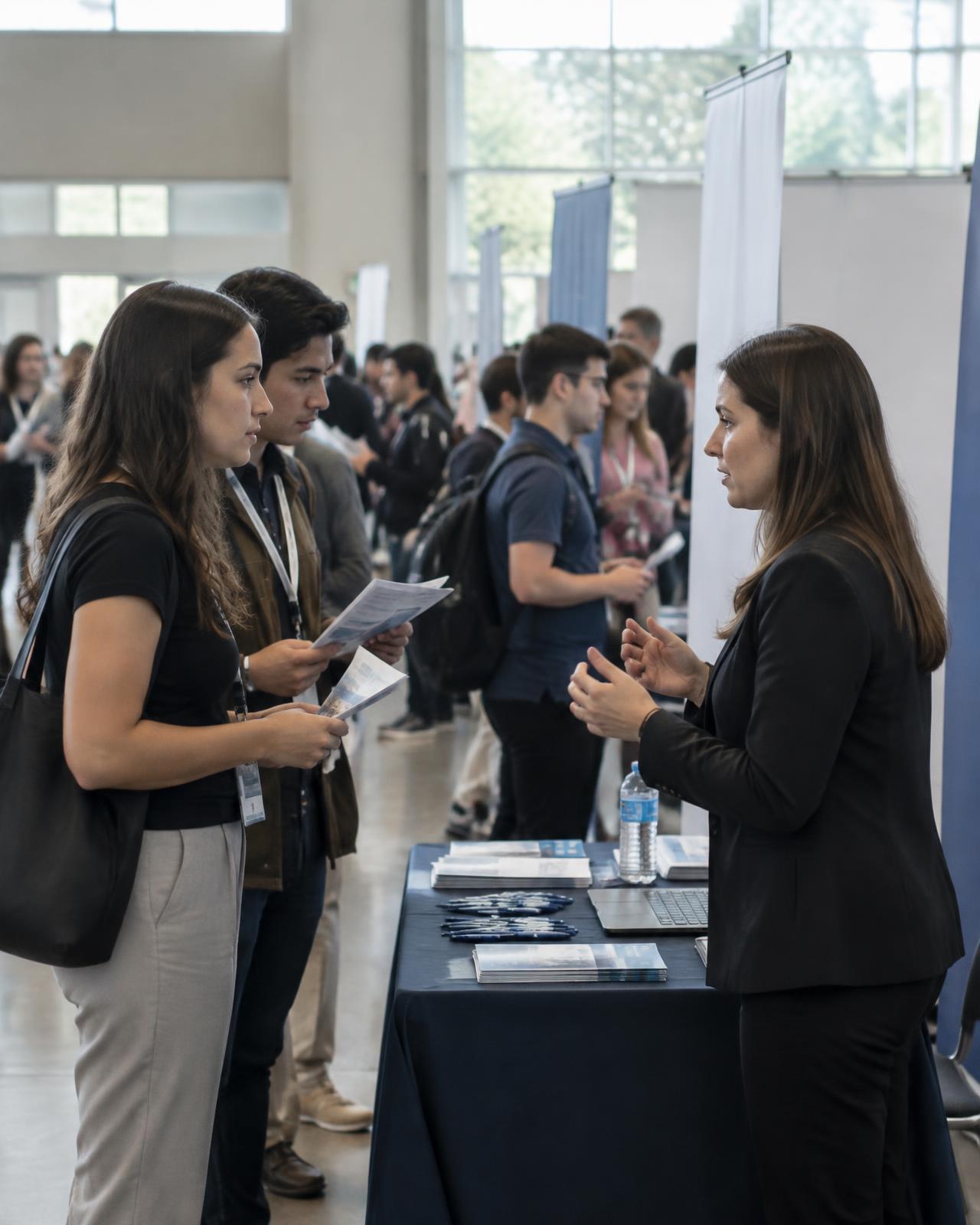 Students talking with a recruiter at a campus career fair booth