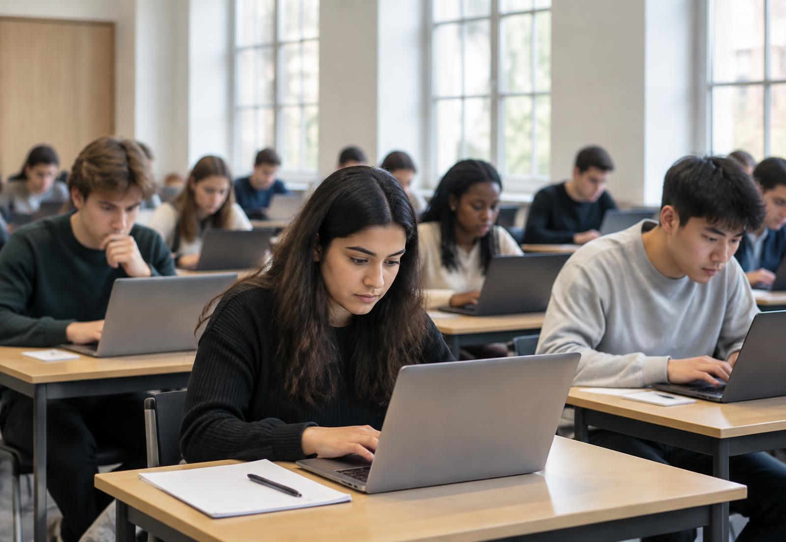 Students taking a proctored online assessment in a university hall